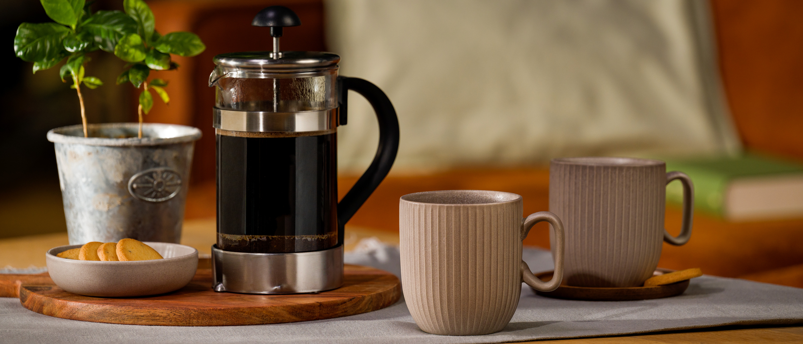 Zwei beige Tassen stehen neben einer gefüllten French Press auf einem gedeckten Tisch, daneben ein kleiner Keks­teller und eine Topfpflanze
